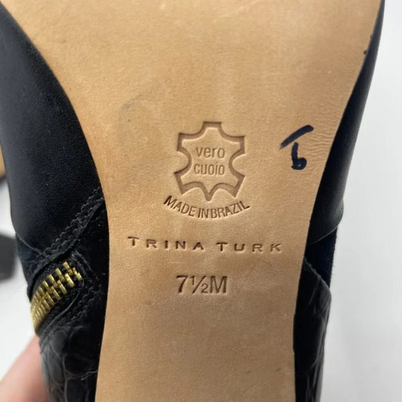 Trina Turk Los Gatos Open  Toe Leather Suede Croc Black Bootie Ankle Boot Sz 7.5 - Picture 10 of 10